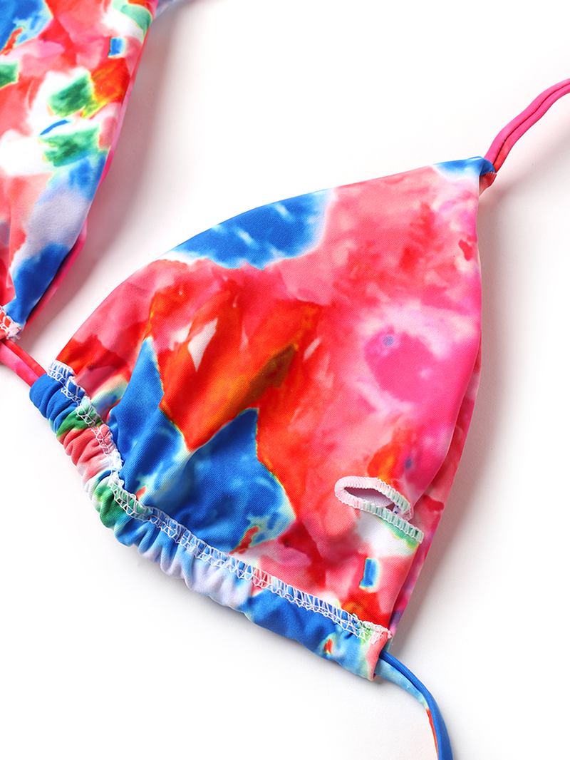 Kvinner Tie Dye Triangle Halter String Micro Bikinis Backles Beachwear Med Hand Ring