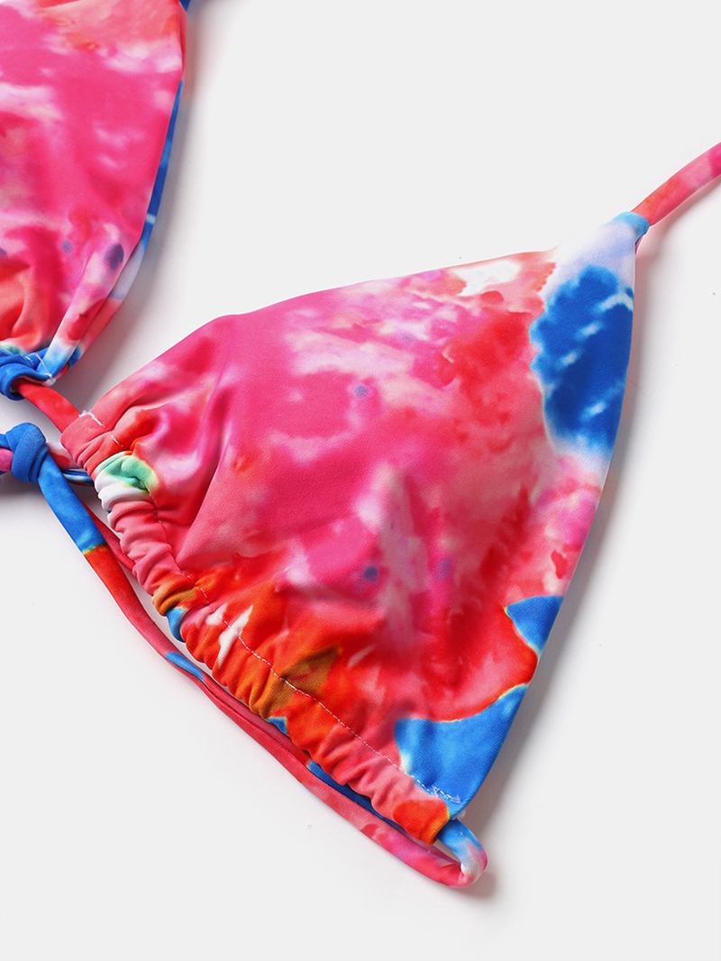 Kvinner Tie Dye Triangle Halter String Micro Bikinis Backles Beachwear Med Hand Ring