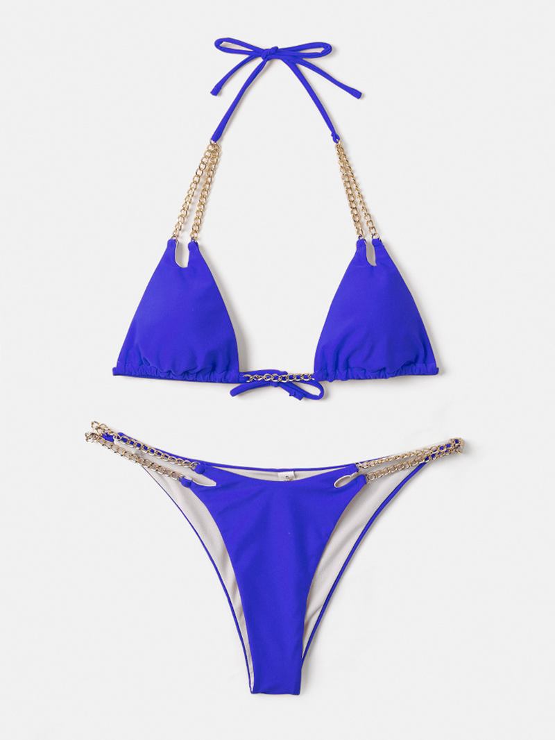 Kvinner Triangle Halter String Solid Color Chain Bikini Backless Badetøy