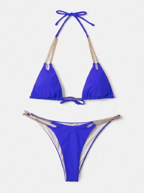 Kvinner Triangle Halter String Solid Color Chain Bikini Backless Badetøy