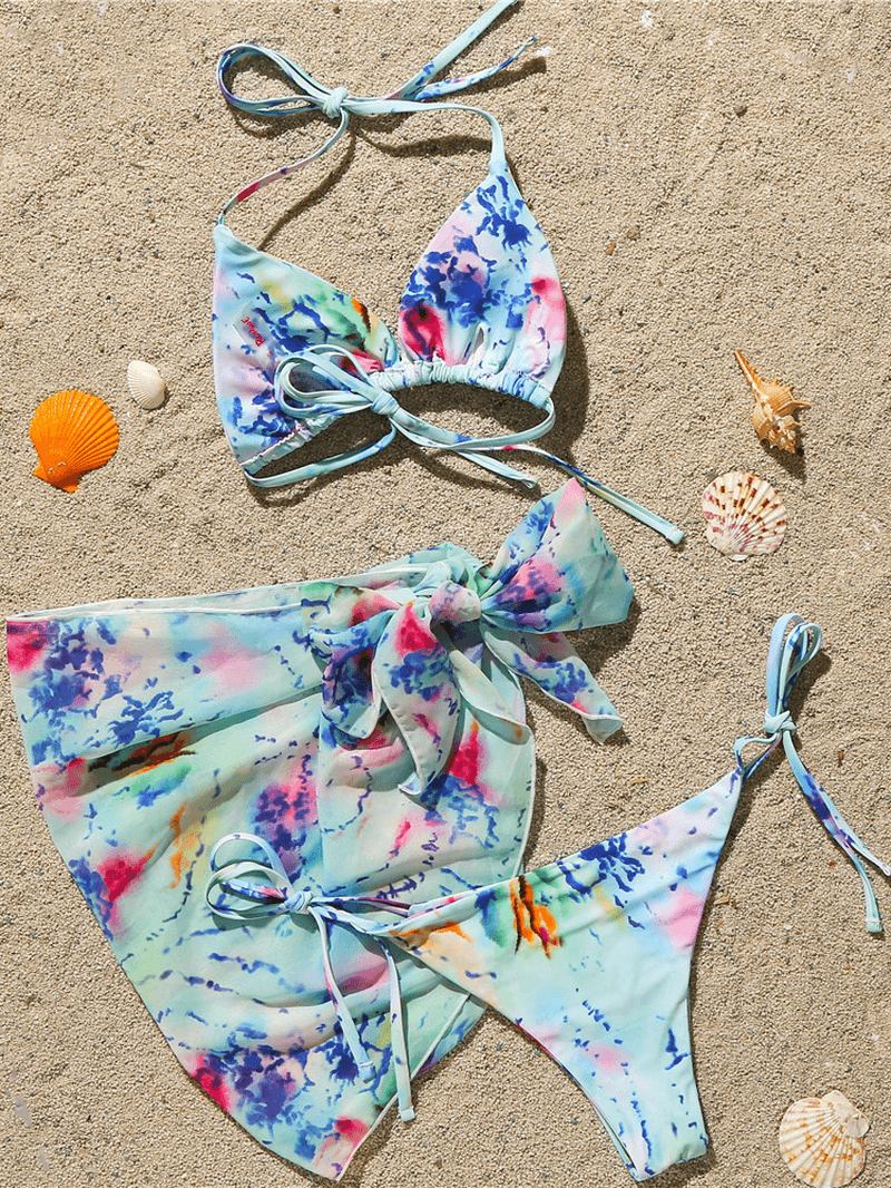 Kvinner Triangle Tie Dye Med Trykk Trim Bikini Med Cover Up Skjørt Tre-delt Sett