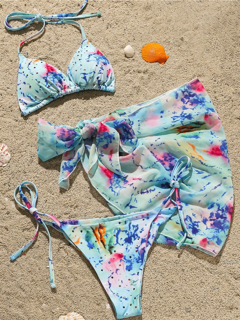 Kvinner Triangle Tie Dye Med Trykk Trim Bikini Med Cover Up Skjørt Tre-delt Sett