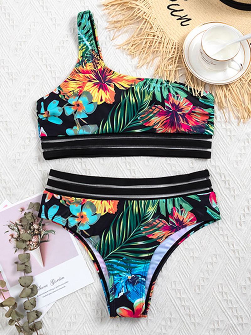 Plant Leaf Tropical Med Trykk One Shoulder Mesh Trim Bikinis High Waisted Badedrakt