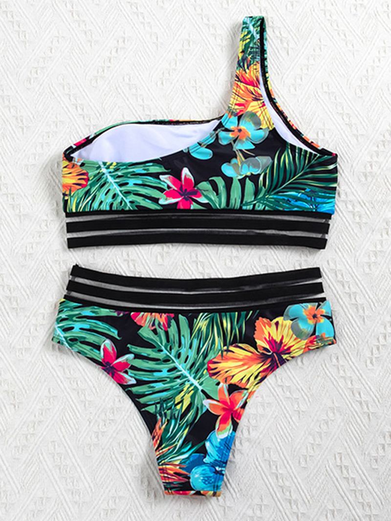 Plant Leaf Tropical Med Trykk One Shoulder Mesh Trim Bikinis High Waisted Badedrakt