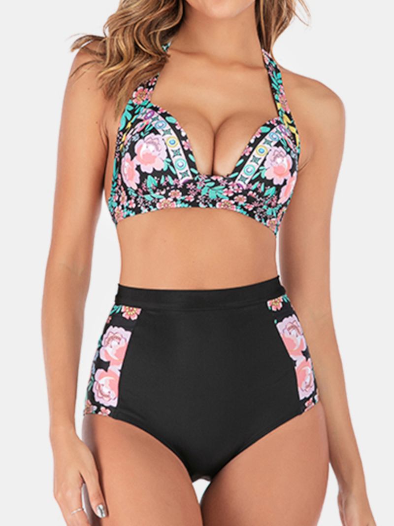 Plus Size Dame Floeal Med Trykk Patchwork Bikini Med Høy Midje Bakløs Badetøy