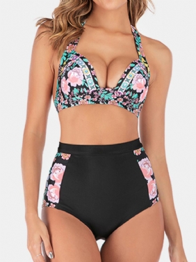 Plus Size Dame Floeal Med Trykk Patchwork Bikini Med Høy Midje Bakløs Badetøy