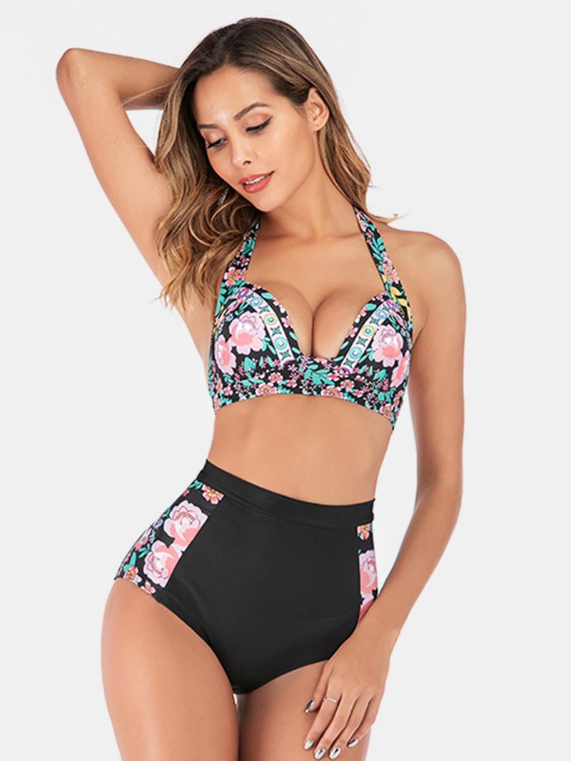 Plus Size Dame Floeal Med Trykk Patchwork Bikini Med Høy Midje Bakløs Badetøy