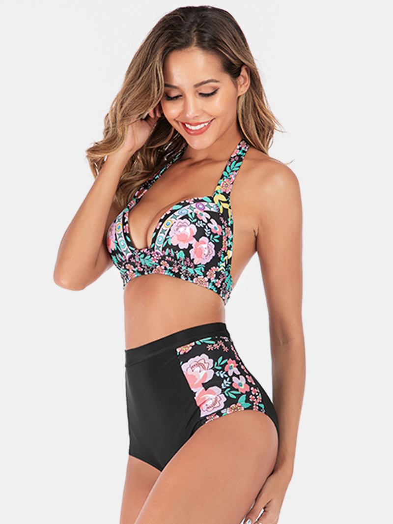 Plus Size Dame Floeal Med Trykk Patchwork Bikini Med Høy Midje Bakløs Badetøy