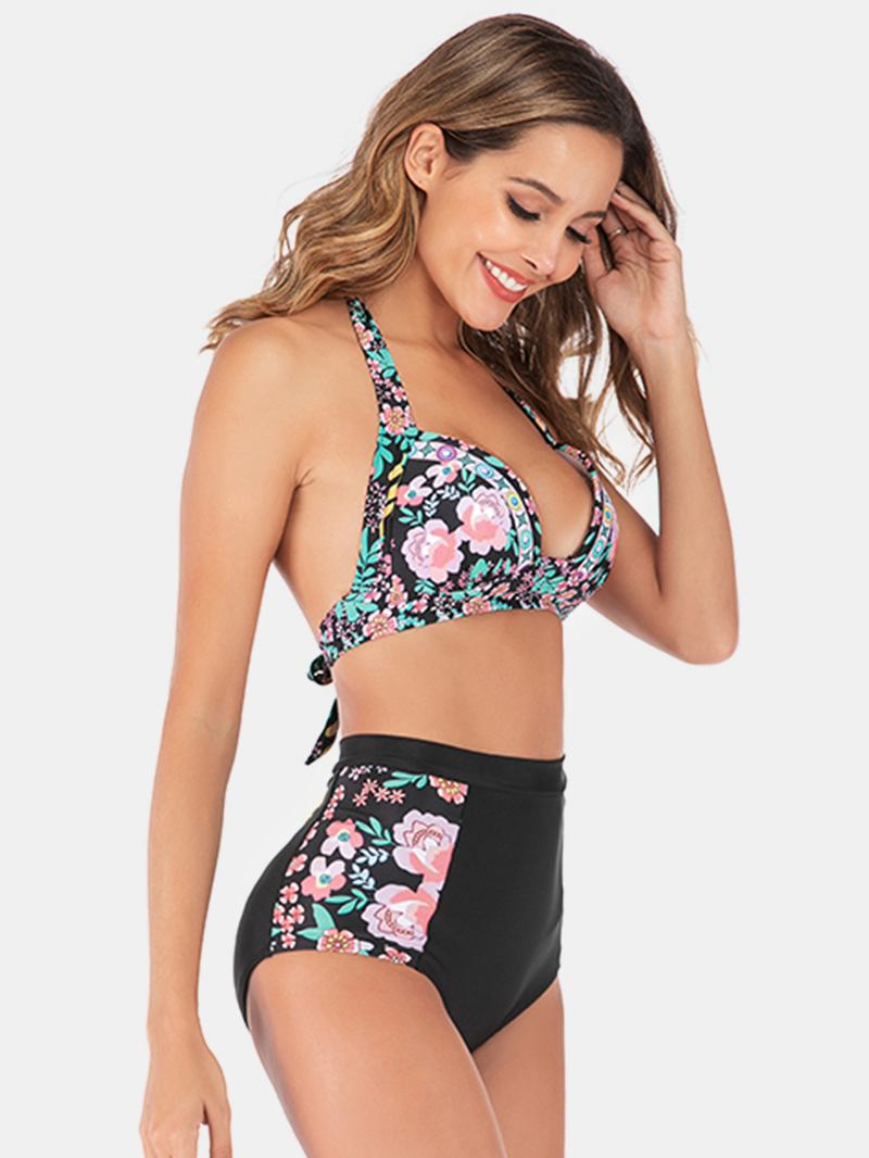 Plus Size Dame Floeal Med Trykk Patchwork Bikini Med Høy Midje Bakløs Badetøy