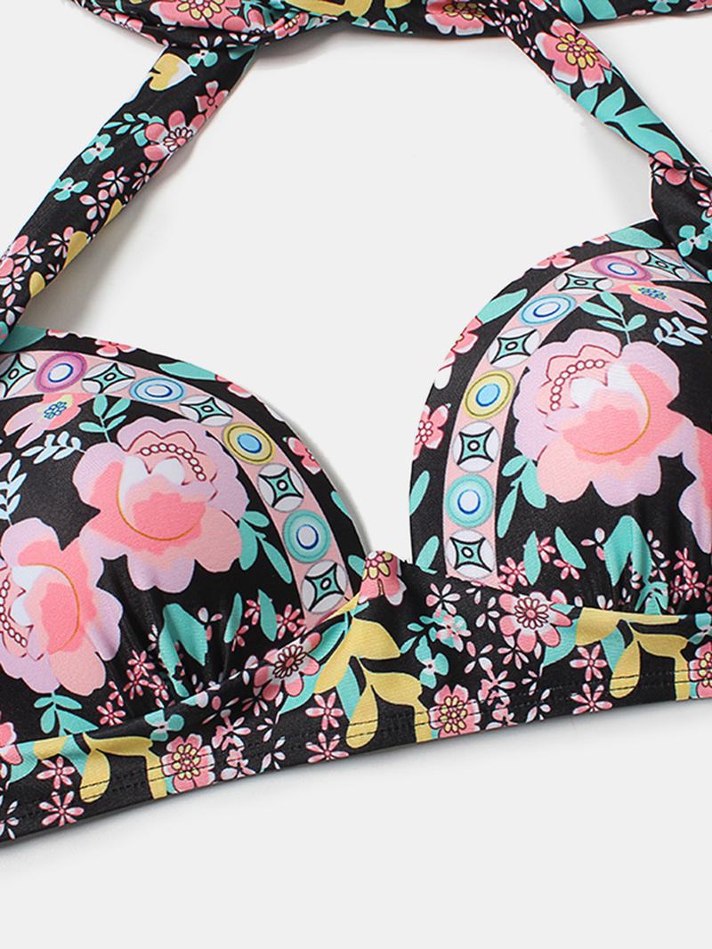 Plus Size Dame Floeal Med Trykk Patchwork Bikini Med Høy Midje Bakløs Badetøy