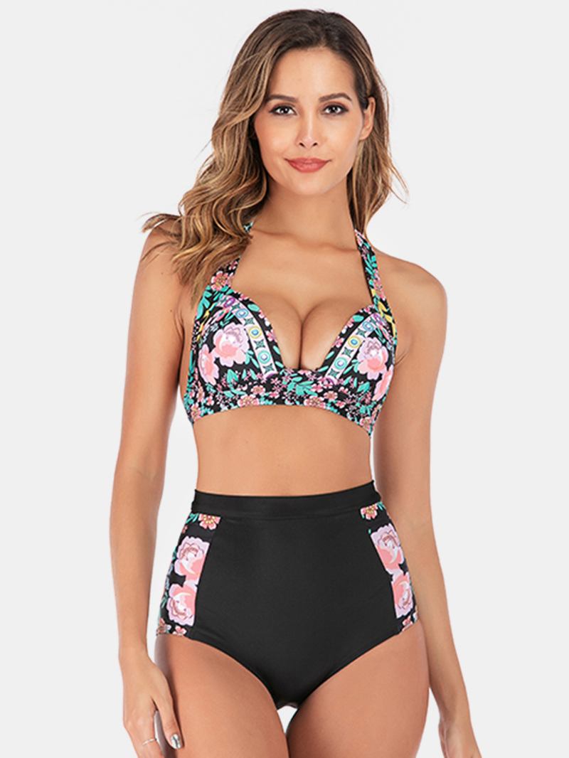 Plus Size Dame Floeal Med Trykk Patchwork Bikini Med Høy Midje Bakløs Badetøy