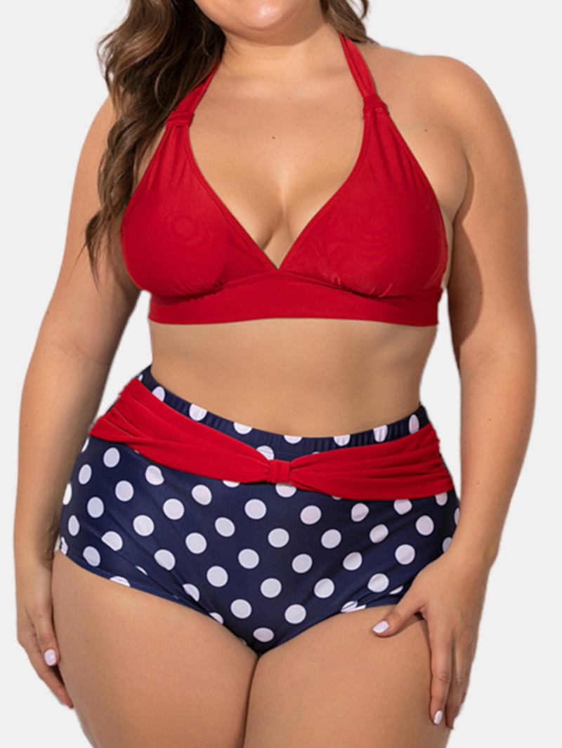 Plus Size Halter Snøring Høy Midje Polka Dot Bottoms Bikini