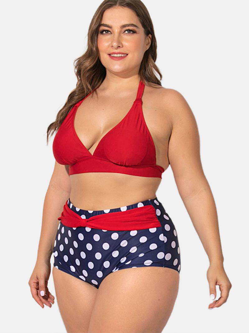 Plus Size Halter Snøring Høy Midje Polka Dot Bottoms Bikini