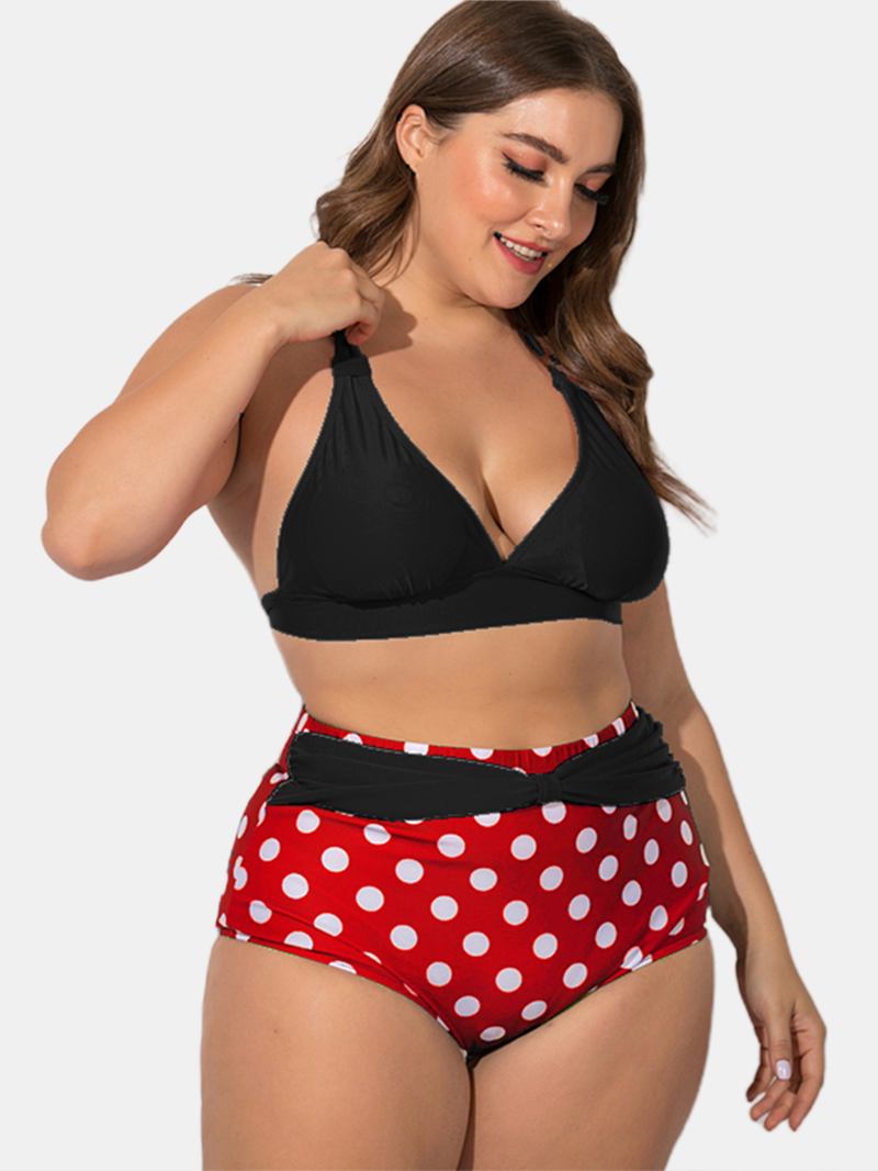 Plus Size Halter Snøring Høy Midje Polka Dot Bottoms Bikini