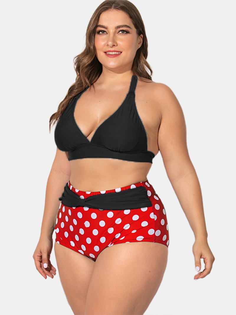 Plus Size Halter Snøring Høy Midje Polka Dot Bottoms Bikini