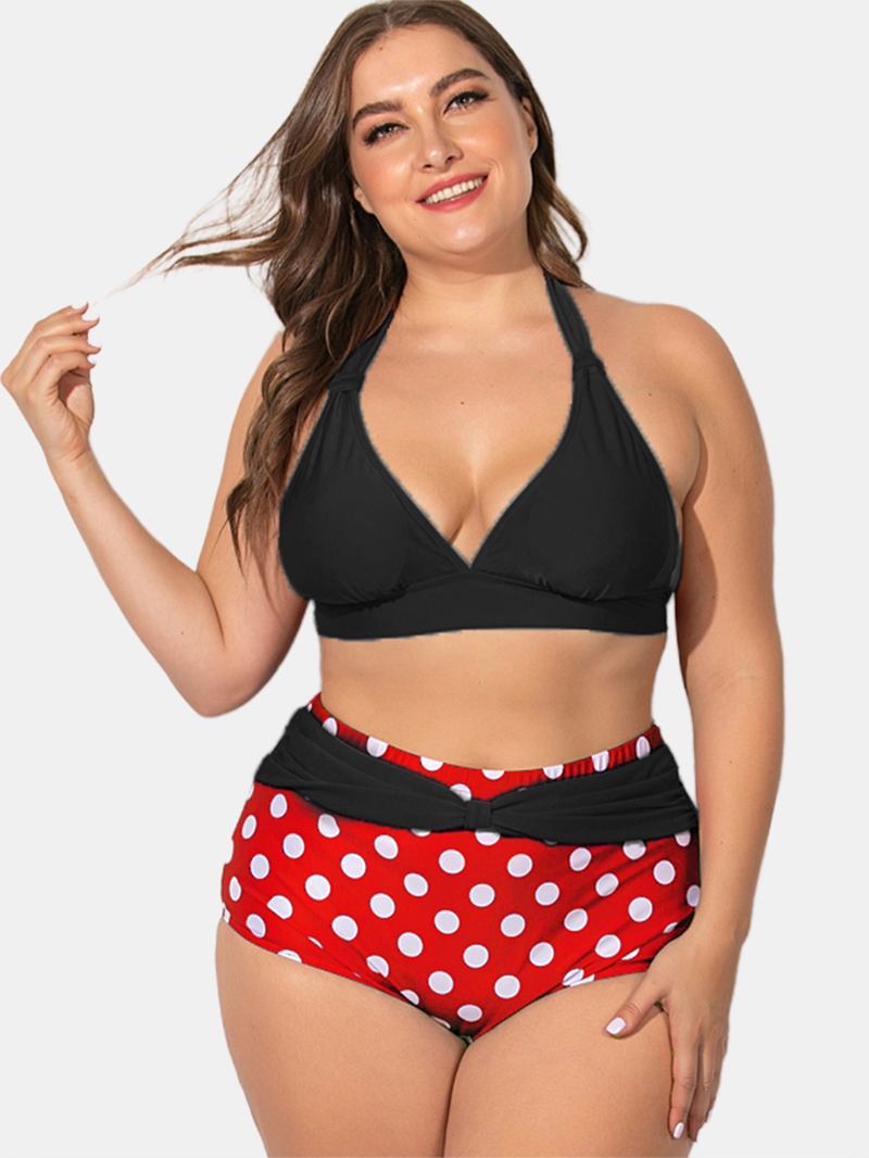 Plus Size Halter Snøring Høy Midje Polka Dot Bottoms Bikini