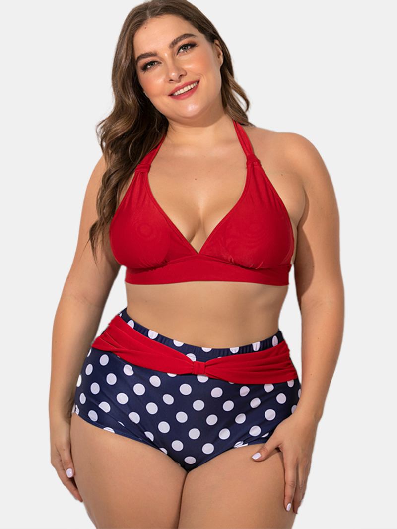 Plus Size Halter Snøring Høy Midje Polka Dot Bottoms Bikini