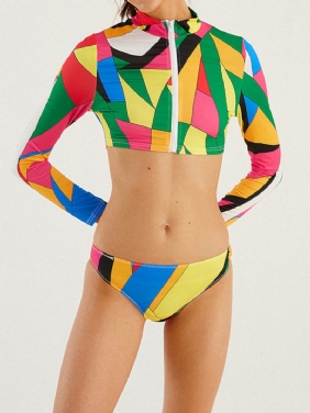 Plus Size Kvinner Geometrisk Med Trykk Zip Front Surfing Badetøy Solkrem Langermet Bikini