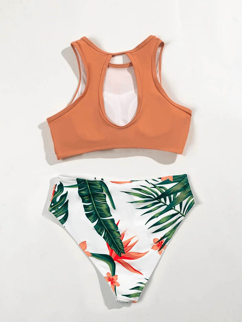 Solid Color Twist High Neck Topp Tropisk Med Trykk Høy Midje Hawaii Style Truse Bikini For Kvinner