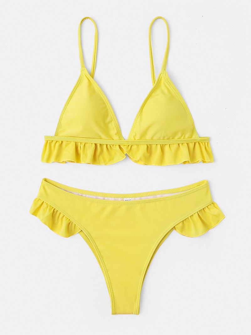 Søt Trekant Ruffles Rosa Bikini Spaghetti Straps Backless Badetøy