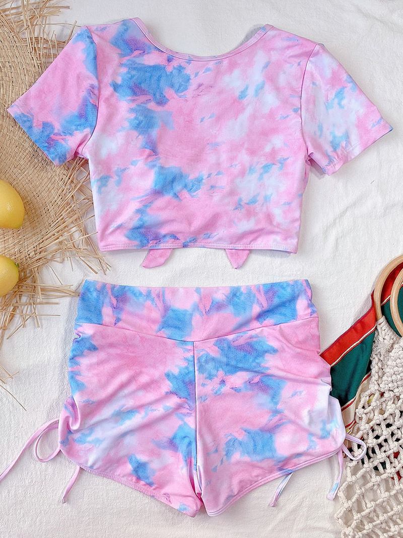 Tie Dye Kortermet Knyttet Topp Side Snøring Shorts Ferie Uformell Høy Midje Kvinner Bikini