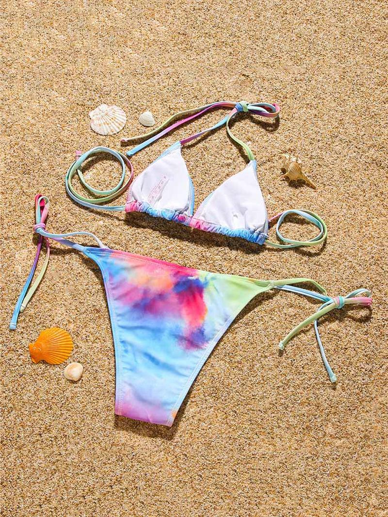 Tie Dye Med Trykk Halter String Bikini Med Langermet Cover Up Tredelt Sett