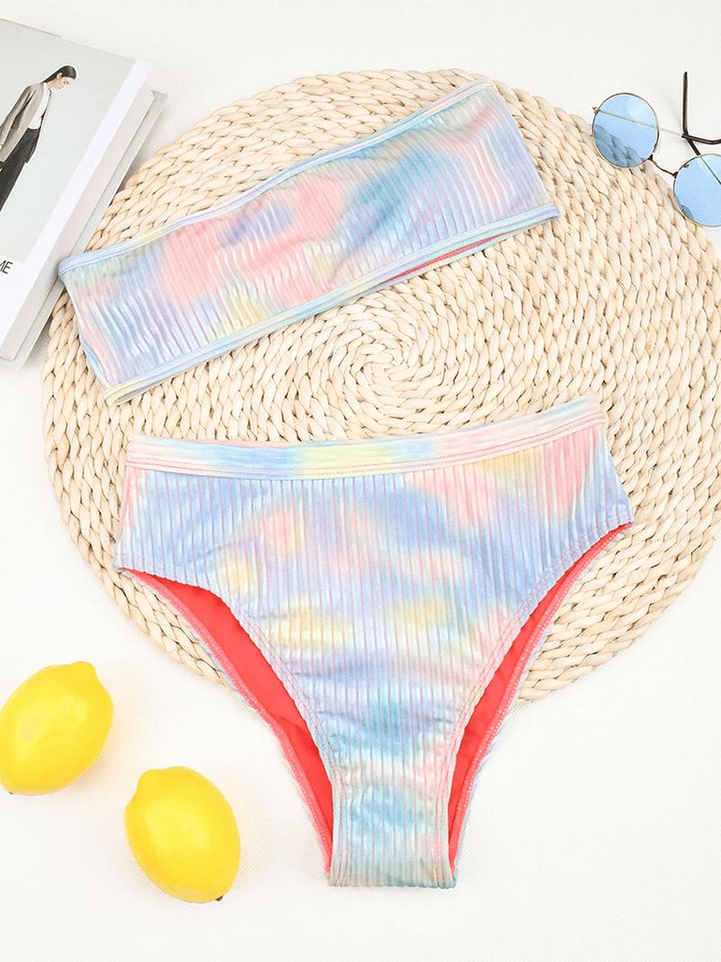 Tie Dye Med Trykk Ribbed Wireless Bandeau High Waist Bikini