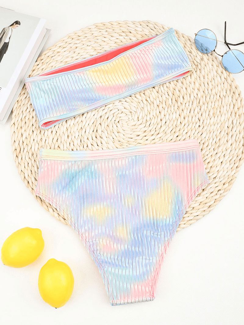 Tie Dye Med Trykk Ribbed Wireless Bandeau High Waist Bikini