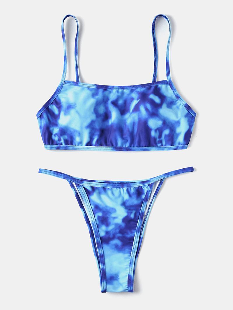 Tie Dye Med Trykk Thong Bikini Spaghetti Straps Backless Badedrakt