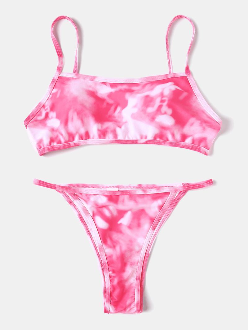 Tie Dye Med Trykk Thong Bikini Spaghetti Straps Backless Badedrakt