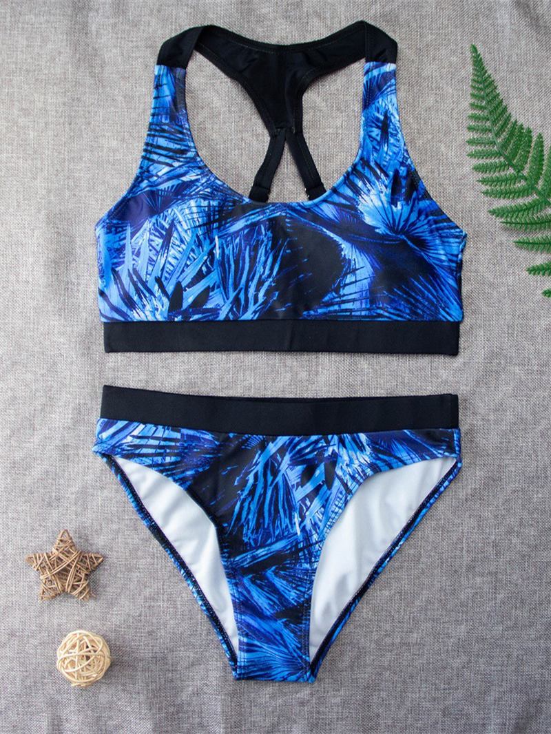 Tropical Leaf Med Trykk Criss Cross Back Brede Stropper Høy Midje Sommer Beach Bikinis Badetøy