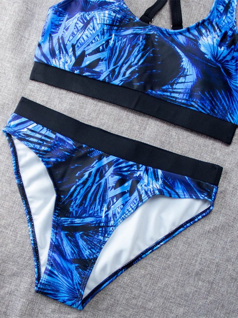 Tropical Leaf Med Trykk Criss Cross Back Brede Stropper Høy Midje Sommer Beach Bikinis Badetøy