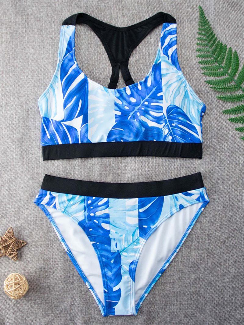 Tropical Leaf Med Trykk Criss Cross Back Brede Stropper Høy Midje Sommer Beach Bikinis Badetøy