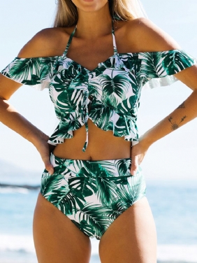 Tropical Leaf Med Trykk Halter Ruffles Trim Snøring Høy Midje Hawaii Bikini For Kvinner