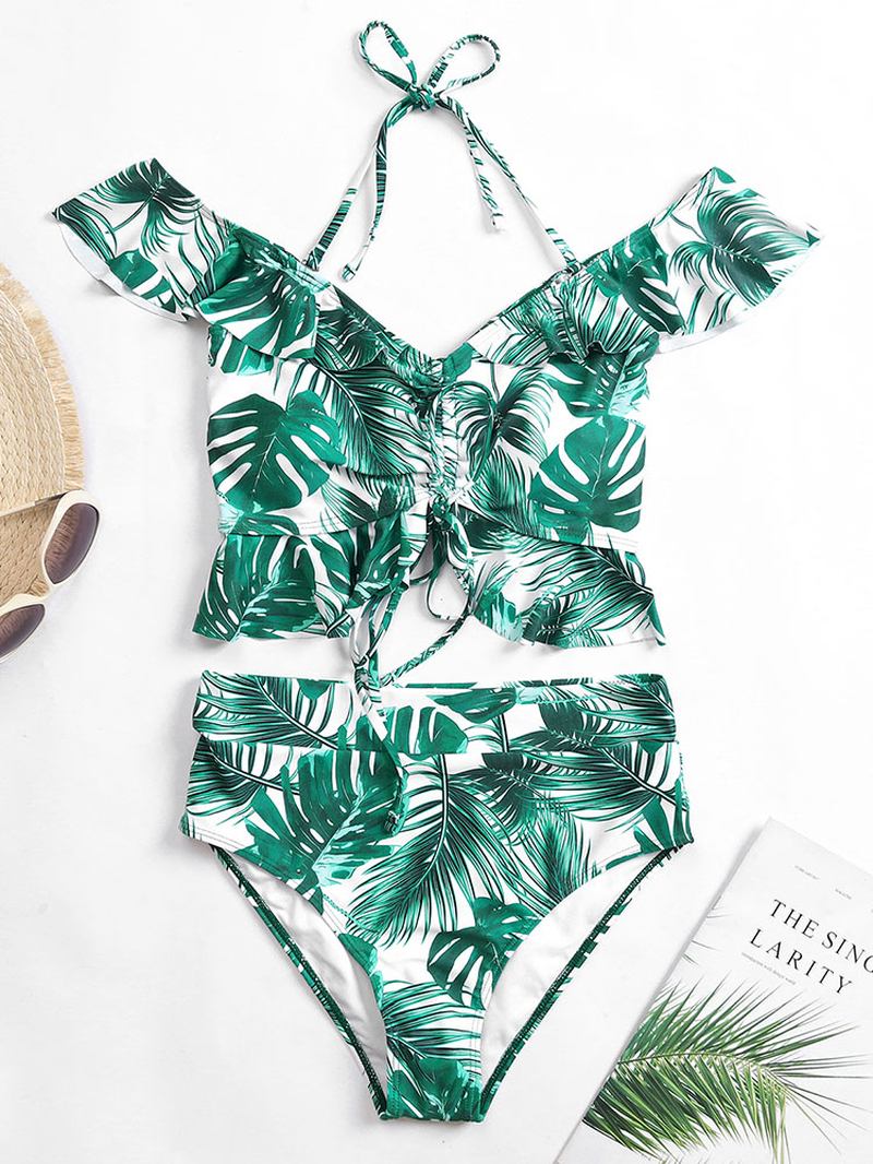 Tropical Leaf Med Trykk Halter Ruffles Trim Snøring Høy Midje Hawaii Bikini For Kvinner