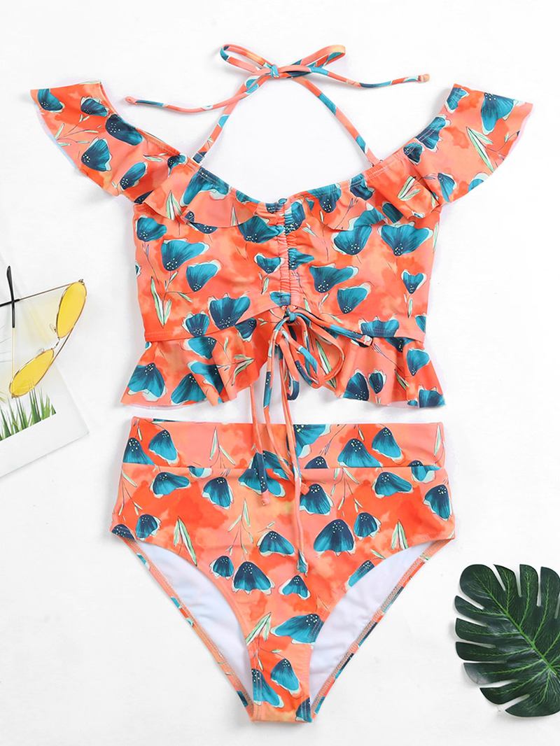 Tropical Leaf Med Trykk Halter Ruffles Trim Snøring Høy Midje Hawaii Bikini For Kvinner