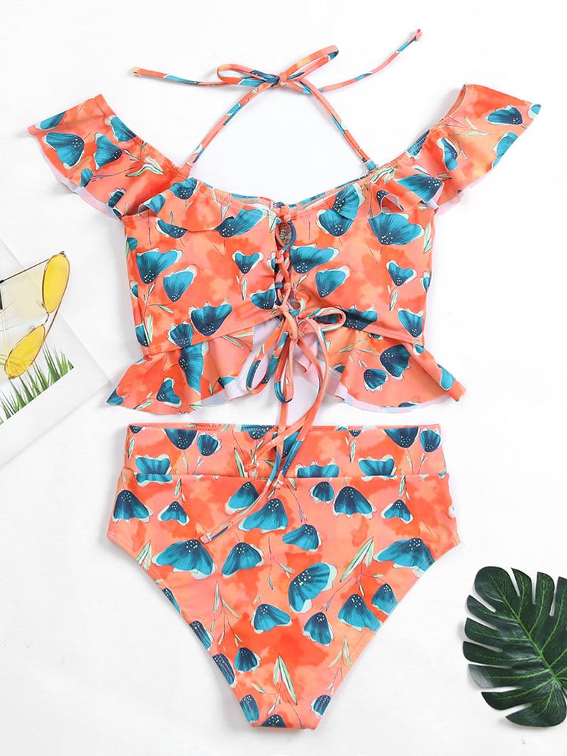 Tropical Leaf Med Trykk Halter Ruffles Trim Snøring Høy Midje Hawaii Bikini For Kvinner