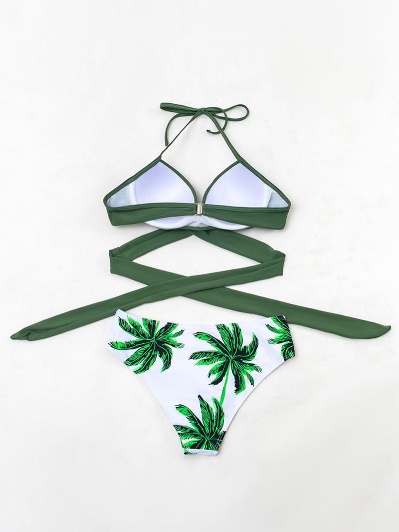 Tropical Leaf Med Trykk Halter String Bandasje Høy Midje Dame Beach Bikini