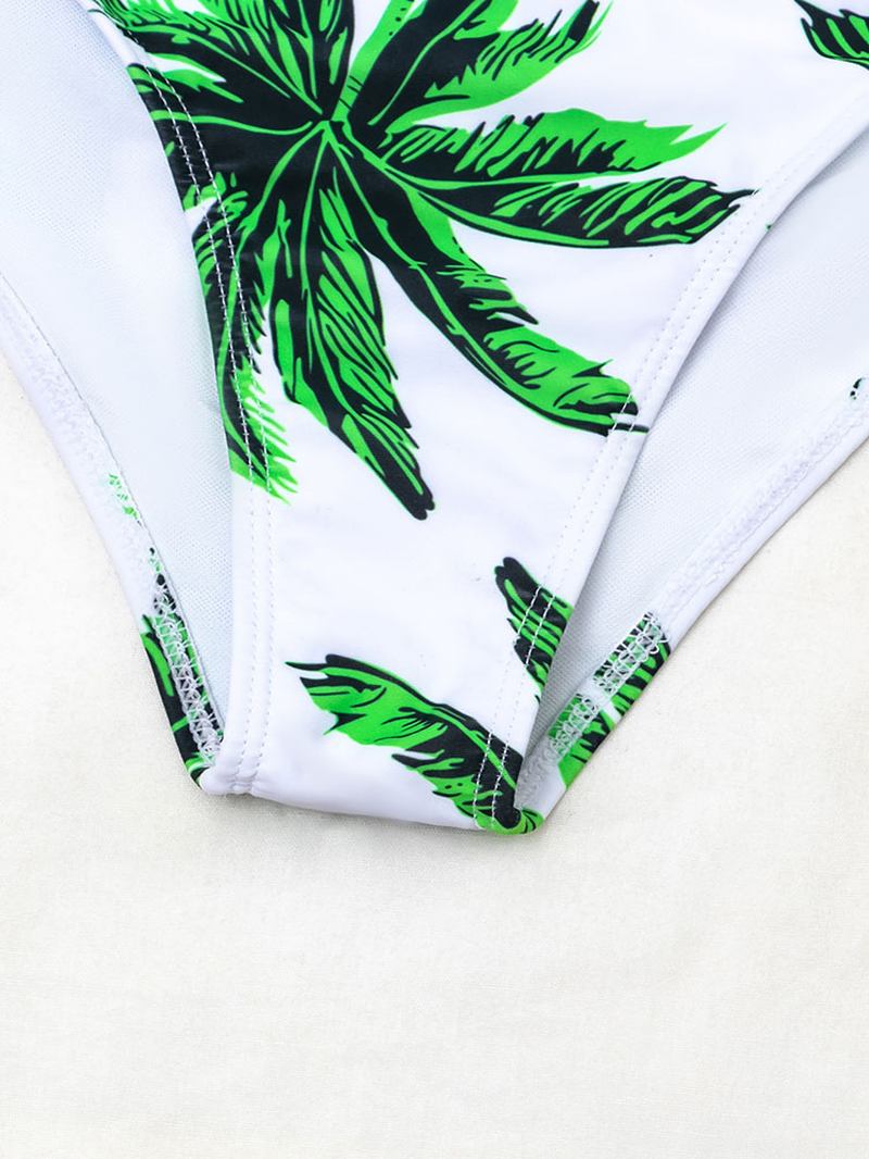 Tropical Leaf Med Trykk Halter String Bandasje Høy Midje Dame Beach Bikini