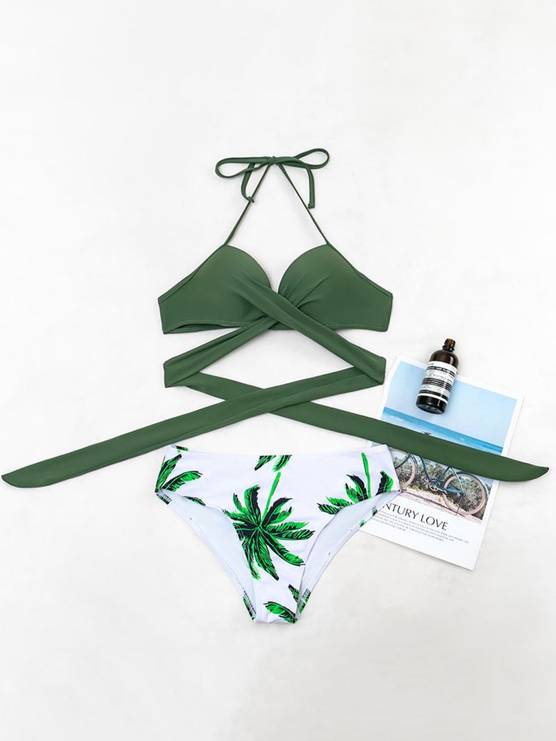 Tropical Leaf Med Trykk Halter String Bandasje Høy Midje Dame Beach Bikini