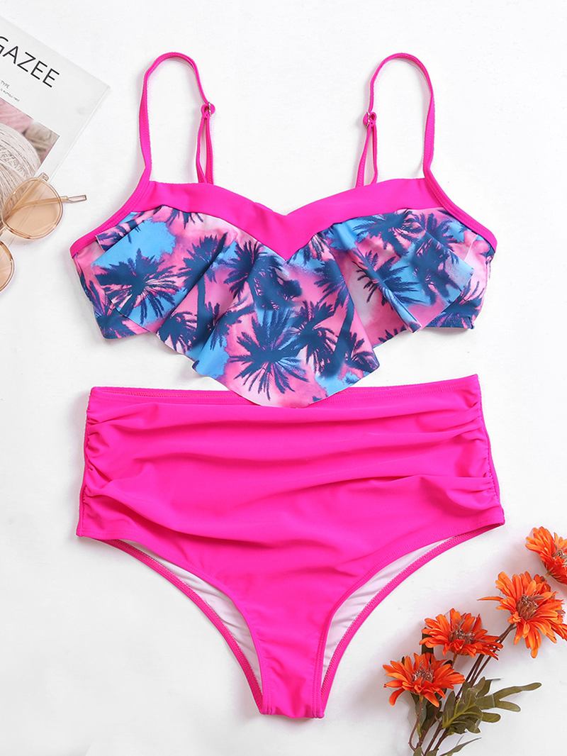 Tropical Med Trykk Ruffles Trim Åpen Rygg Høy Midje Holiday Uregelmessig Strandbikini