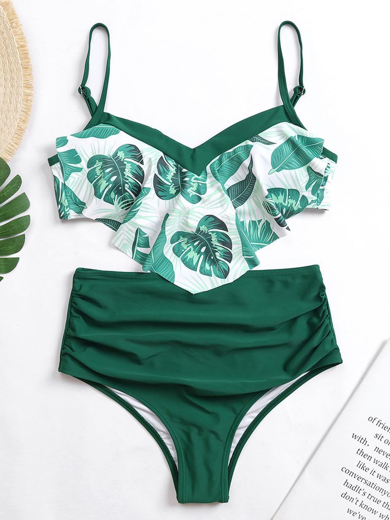 Tropical Med Trykk Ruffles Trim Åpen Rygg Høy Midje Holiday Uregelmessig Strandbikini