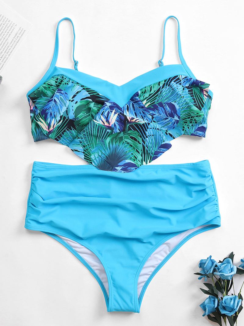 Tropical Med Trykk Ruffles Trim Åpen Rygg Høy Midje Holiday Uregelmessig Strandbikini