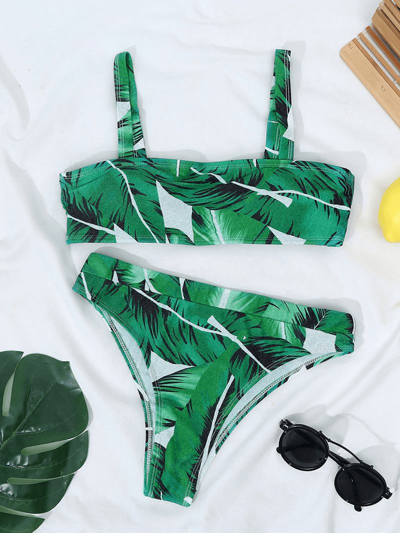 Tropical Plant Med Trykk Åpen Rygg Justerbare Stropper Høy Midje Beach Bikinis Badedrakt