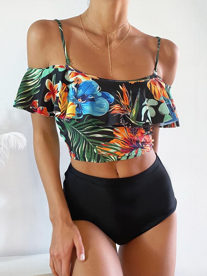 Tropical Plant Med Trykk Ruffle Spaghetti Straps High Waisted Bikinis Dame Badedrakt