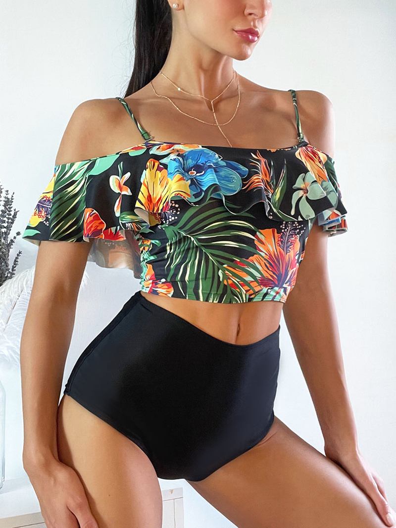 Tropical Plant Med Trykk Ruffle Spaghetti Straps High Waisted Bikinis Dame Badedrakt