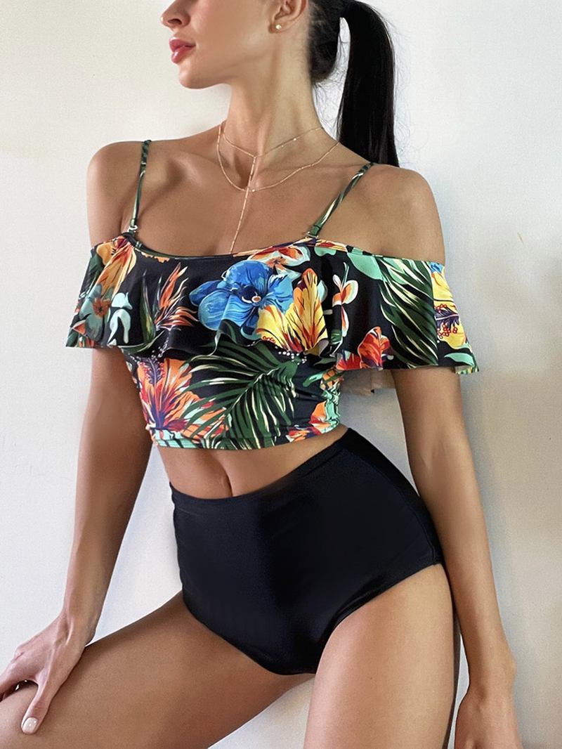 Tropical Plant Med Trykk Ruffle Spaghetti Straps High Waisted Bikinis Dame Badedrakt