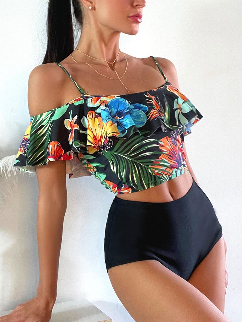 Tropical Plant Med Trykk Ruffle Spaghetti Straps High Waisted Bikinis Dame Badedrakt