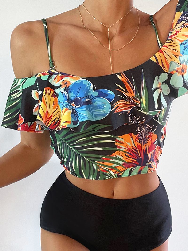 Tropical Plant Med Trykk Ruffle Spaghetti Straps High Waisted Bikinis Dame Badedrakt