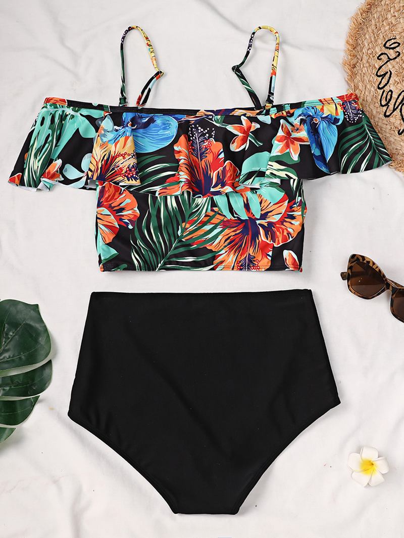 Tropical Plant Med Trykk Ruffle Spaghetti Straps High Waisted Bikinis Dame Badedrakt